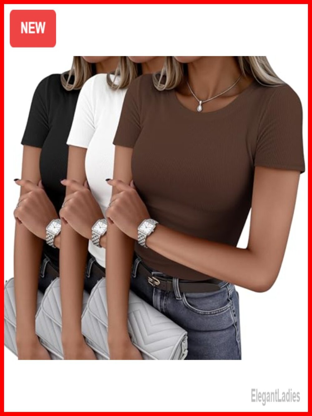 Women's Ribbed Short Sleeve Slim Fit Crew Neck T-Shirt 3 Pack